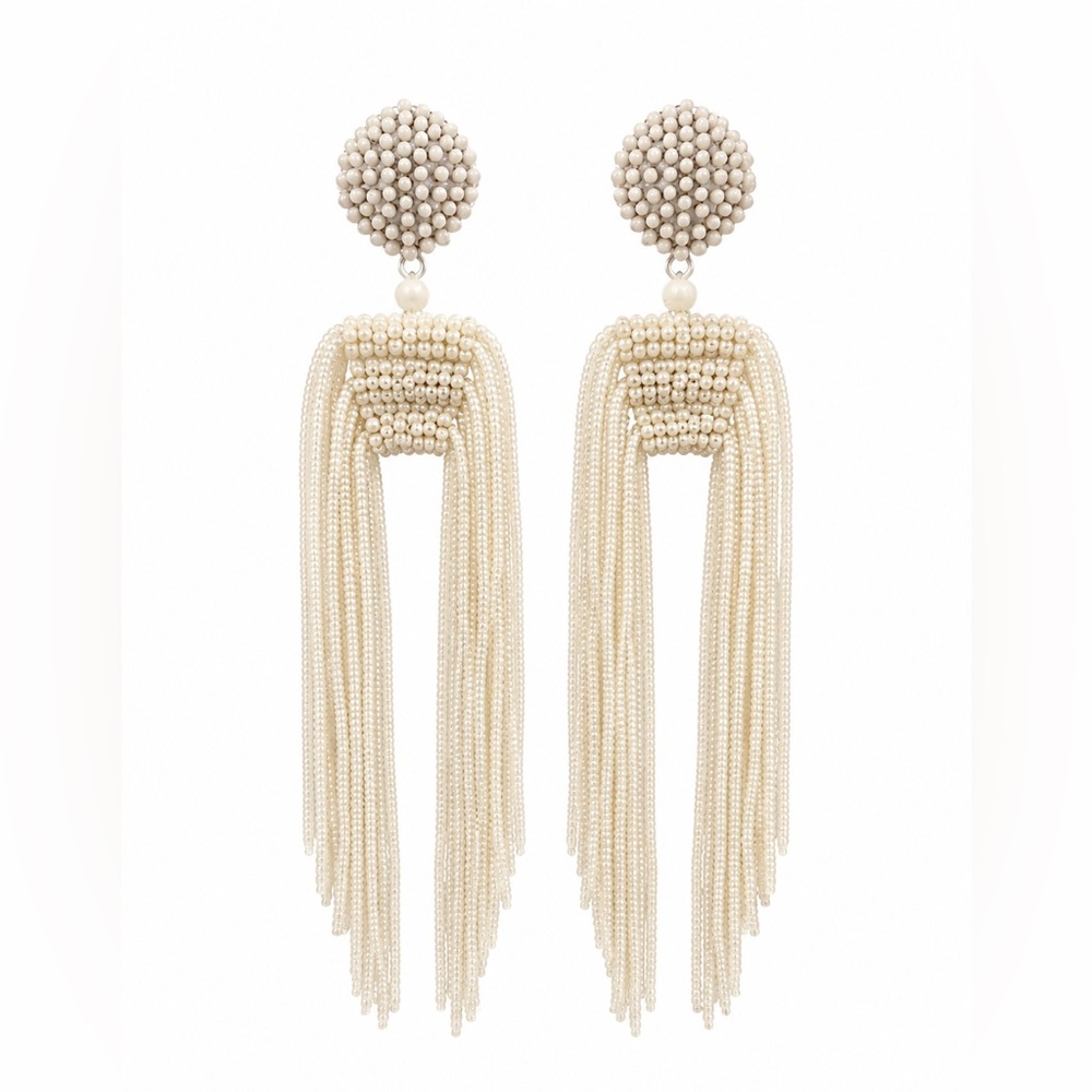Elegant Ivory Beaded Tassel Drop Earrings - Designer Style
